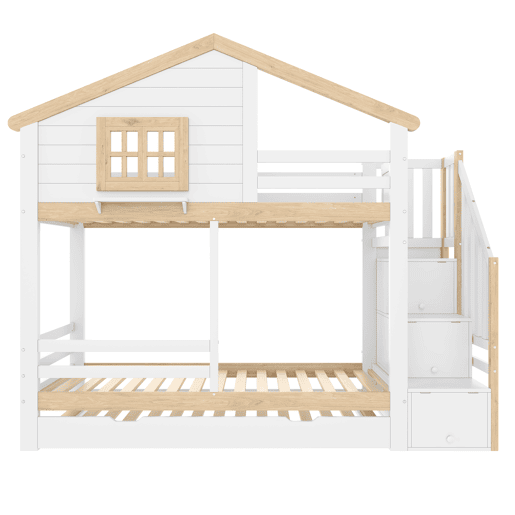Litera 90x200 cm - grade, cama extra removível, escada com arrumação, janela, prateleira em forma de casa - branco e natural