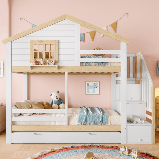 Litera 90x200 cm - grade, cama extra removível, escada com arrumação, janela, prateleira em forma de casa - branco e natural