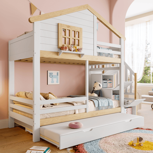 Litera 90x200 cm - grade, cama extra removível, escada com arrumação, janela, prateleira em forma de casa - branco e natural