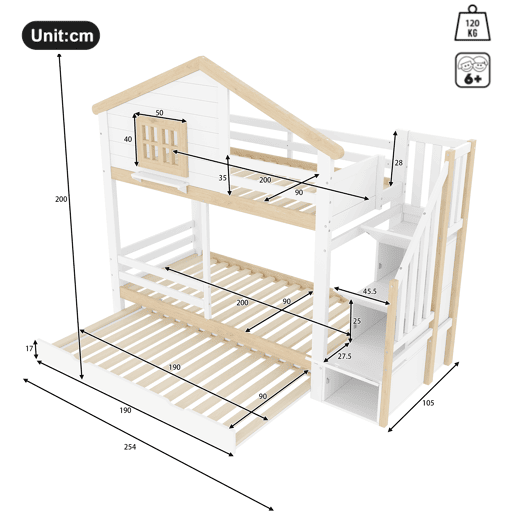 Litera 90x200 cm - grade, cama extra removível, escada com arrumação, janela, prateleira em forma de casa - branco e natural