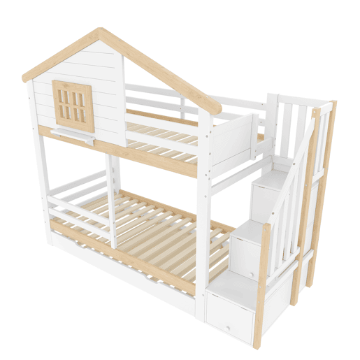Litera 90x200 cm - grade, cama extra removível, escada com arrumação, janela, prateleira em forma de casa - branco e natural