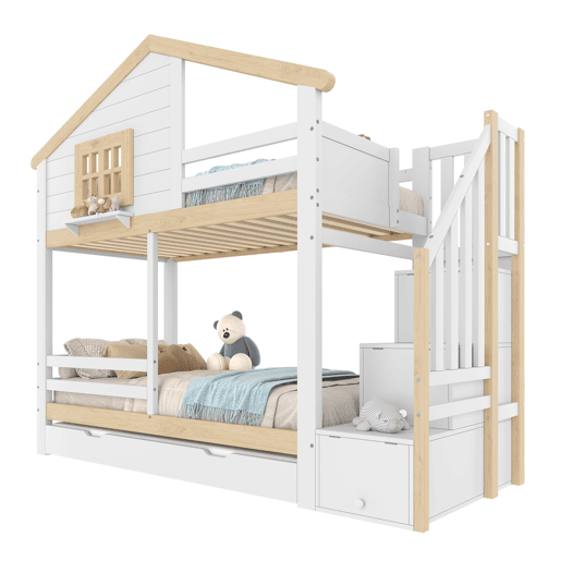 Litera 90x200 cm - grade, cama extra removível, escada com arrumação, janela, prateleira em forma de casa - branco e natural
