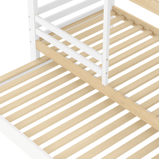 Litera 90x200 cm - grade, cama extra removível, escada com arrumação, janela, prateleira em forma de casa - branco e natural