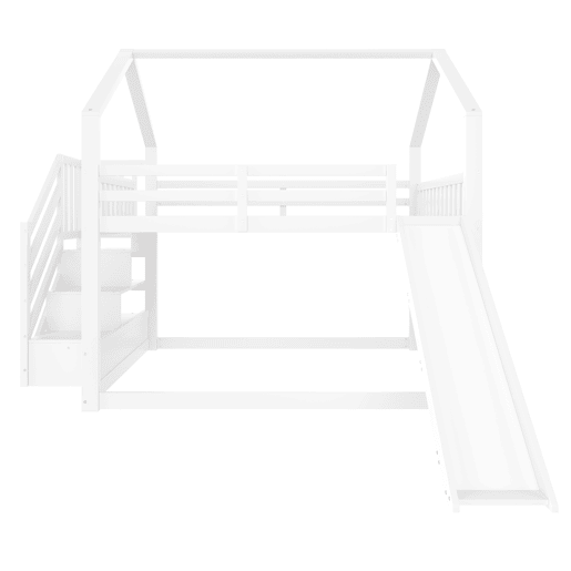 Cama beliche 140x200 cm - com escada de arrumação, escorrega, cama com grades - Branco Cama beliche 140x200 cm - com escada de arrumação, escorrega, cama com grades - Branco