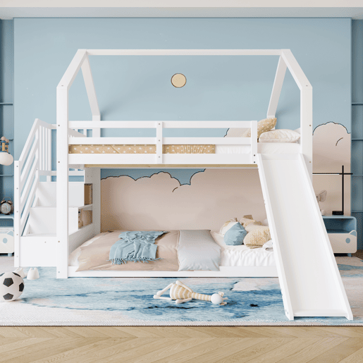 Cama beliche 140x200 cm - com escada de arrumação, escorrega, cama com grades - Branco Cama beliche 140x200 cm - com escada de arrumação, escorrega, cama com grades - Branco