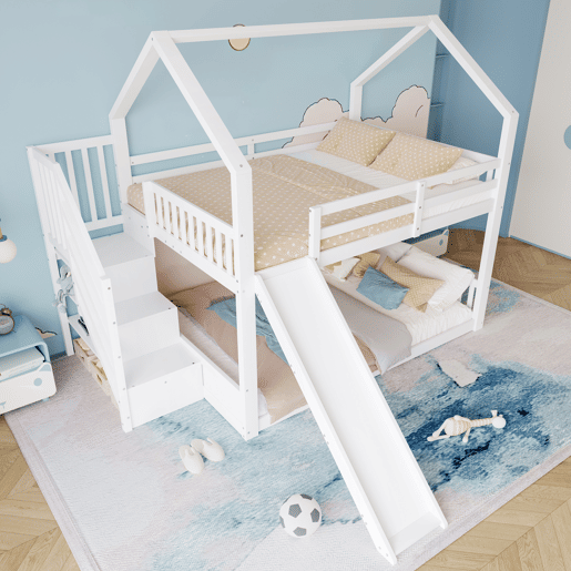 Cama beliche 140x200 cm - com escada de arrumação, escorrega, cama com grades - Branco Cama beliche 140x200 cm - com escada de arrumação, escorrega, cama com grades - Branco