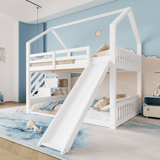 Cama beliche 140x200 cm - com escada de arrumação, escorrega, cama com grades - Branco Cama beliche 140x200 cm - com escada de arrumação, escorrega, cama com grades - Branco