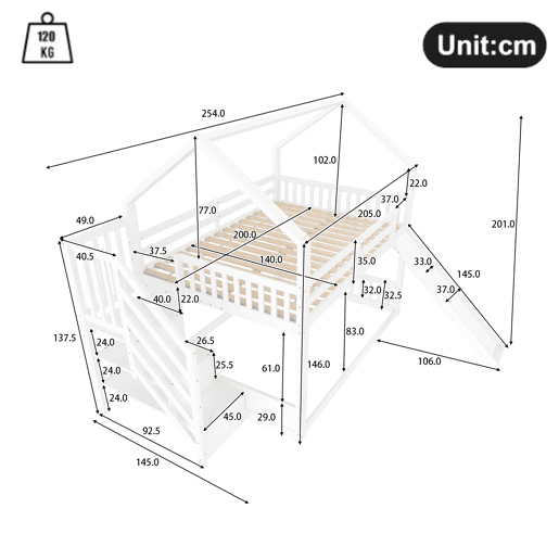 Cama beliche 140x200 cm - com escada de arrumação, escorrega, cama com grades - Branco Cama beliche 140x200 cm - com escada de arrumação, escorrega, cama com grades - Branco