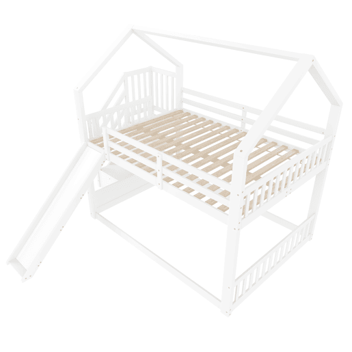 Cama beliche 140x200 cm - com escada de arrumação, escorrega, cama com grades - Branco Cama beliche 140x200 cm - com escada de arrumação, escorrega, cama com grades - Branco