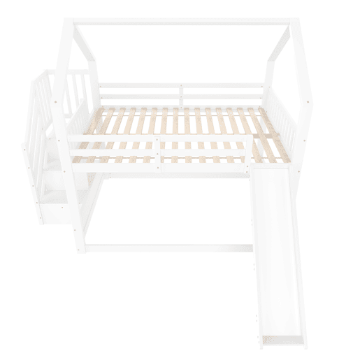 Cama beliche 140x200 cm - com escada de arrumação, escorrega, cama com grades - Branco Cama beliche 140x200 cm - com escada de arrumação, escorrega, cama com grades - Branco