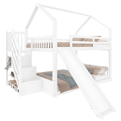 Cama beliche 140x200 cm - com escada de arrumação, escorrega, cama com grades - Branco Cama beliche 140x200 cm - com escada de arrumação, escorrega, cama com grades - Branco