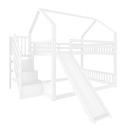 Cama beliche 140x200 cm - com escada de arrumação, escorrega, cama com grades - Branco Cama beliche 140x200 cm - com escada de arrumação, escorrega, cama com grades - Branco