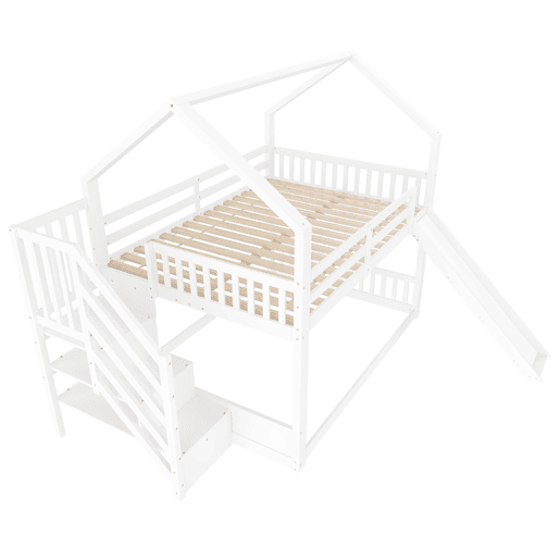 Cama beliche 140x200 cm - com escada de arrumação, escorrega, cama com grades - Branco Cama beliche 140x200 cm - com escada de arrumação, escorrega, cama com grades - Branco