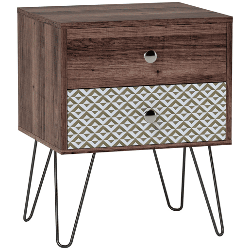 HOMCOM Mesa de Cabeceira com 2 Gavetas Mesa de Noite com Pés de Aço Estilo Boémio Mesa de Cabeceira para Quarto Sala de Estar 45x39x55,5 cm Marrom