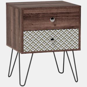 HOMCOM Mesa de Cabeceira com 2 Gavetas Mesa de Noite com Pés de Aço Estilo Boémio Mesa de Cabeceira para Quarto Sala de Estar 45x39x55,5 cm Marrom