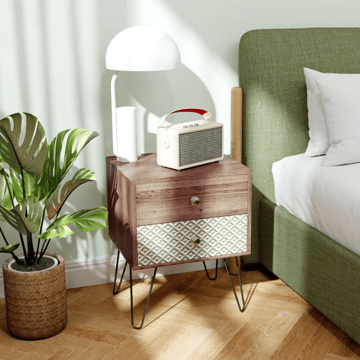 HOMCOM Mesa de Cabeceira com 2 Gavetas Mesa de Noite com Pés de Aço Estilo Boémio Mesa de Cabeceira para Quarto Sala de Estar 45x39x55,5 cm Marrom