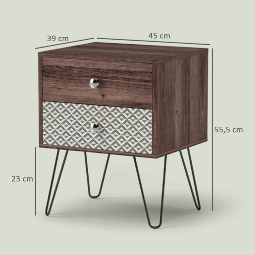 HOMCOM Mesa de Cabeceira com 2 Gavetas Mesa de Noite com Pés de Aço Estilo Boémio Mesa de Cabeceira para Quarto Sala de Estar 45x39x55,5 cm Marrom
