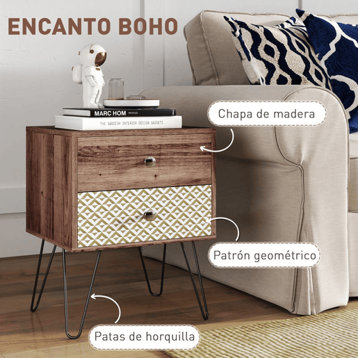 HOMCOM Mesa de Cabeceira com 2 Gavetas Mesa de Noite com Pés de Aço Estilo Boémio Mesa de Cabeceira para Quarto Sala de Estar 45x39x55,5 cm Marrom