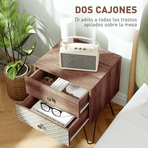 HOMCOM Mesa de Cabeceira com 2 Gavetas Mesa de Noite com Pés de Aço Estilo Boémio Mesa de Cabeceira para Quarto Sala de Estar 45x39x55,5 cm Marrom