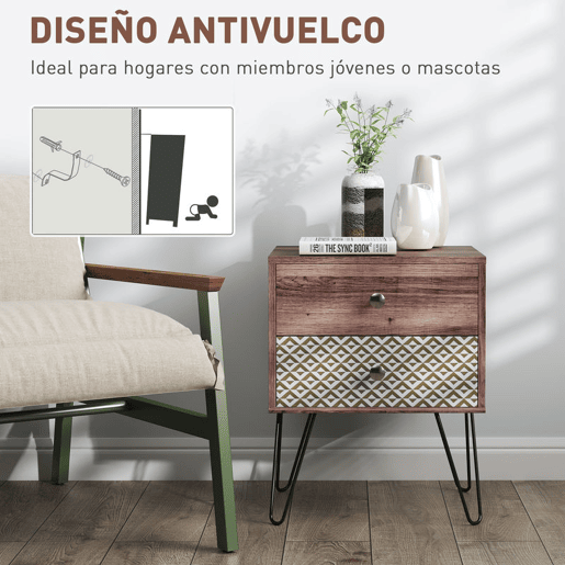 HOMCOM Mesa de Cabeceira com 2 Gavetas Mesa de Noite com Pés de Aço Estilo Boémio Mesa de Cabeceira para Quarto Sala de Estar 45x39x55,5 cm Marrom