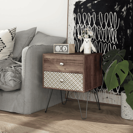 HOMCOM Mesa de Cabeceira com 2 Gavetas Mesa de Noite com Pés de Aço Estilo Boémio Mesa de Cabeceira para Quarto Sala de Estar 45x39x55,5 cm Marrom