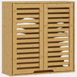 HOMCOM Armário de Parede de Bambu Móvel de Casa de Banho Suspenso com Prateleira Ajustável Portas de Ripas Armário de Armazenamento para Cozinha Lavandaria Sobre o Sanita 60x20x60 cm Madeira