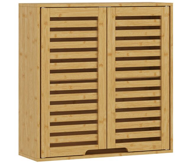 Homcom armario de baño de pared de bambú, mueble de baño colgante con estante ajustable, puertas de lamas, armario de almacenamiento para cocina,