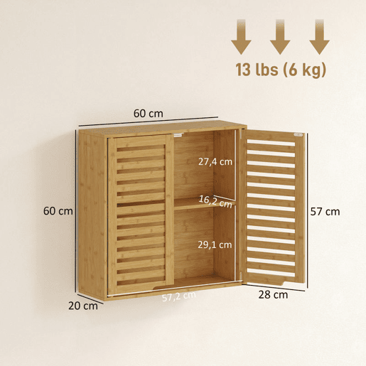 HOMCOM Armário de Parede de Bambu Móvel de Casa de Banho Suspenso com Prateleira Ajustável Portas de Ripas Armário de Armazenamento para Cozinha Lavandaria Sobre o Sanita 60x20x60 cm Madeira HOMCOM Armário de Parede de Bambu Móvel de Casa de Banho Suspenso com Prateleira Ajustável Portas de Ripas Armário de Armazenamento para Cozinha Lavandaria Sobre o Sanita 60x20x60 cm Madeira