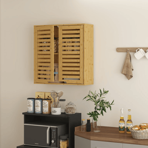 HOMCOM Armário de Parede de Bambu Móvel de Casa de Banho Suspenso com Prateleira Ajustável Portas de Ripas Armário de Armazenamento para Cozinha Lavandaria Sobre o Sanita 60x20x60 cm Madeira HOMCOM Armário de Parede de Bambu Móvel de Casa de Banho Suspenso com Prateleira Ajustável Portas de Ripas Armário de Armazenamento para Cozinha Lavandaria Sobre o Sanita 60x20x60 cm Madeira