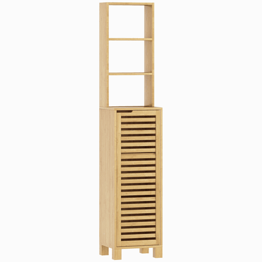 HOMCOM Coluna Casa de Banho de Bambu Armário Alto e Estreito para Casa de Banho com 3 Prateleiras Abertas Portas de Ripas Prateleiras Ajustáveis 34x30x170 cm Madeira