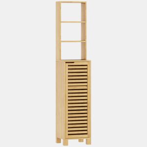 HOMCOM Coluna Casa de Banho de Bambu Armário Alto e Estreito para Casa de Banho com 3 Prateleiras Abertas Portas de Ripas Prateleiras Ajustáveis 34x30x170 cm Madeira