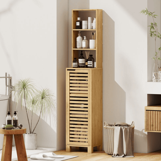 HOMCOM Coluna Casa de Banho de Bambu Armário Alto e Estreito para Casa de Banho com 3 Prateleiras Abertas Portas de Ripas Prateleiras Ajustáveis 34x30x170 cm Madeira