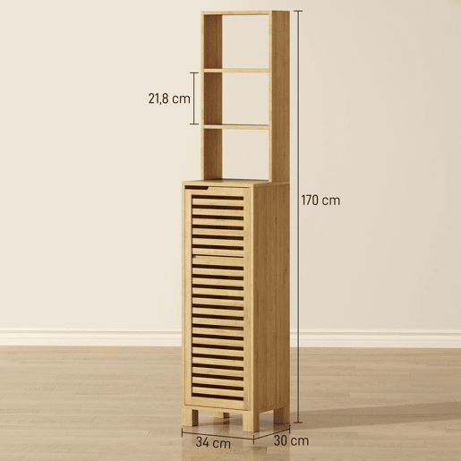 HOMCOM Coluna Casa de Banho de Bambu Armário Alto e Estreito para Casa de Banho com 3 Prateleiras Abertas Portas de Ripas Prateleiras Ajustáveis 34x30x170 cm Madeira