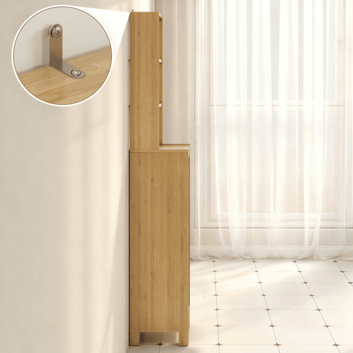 HOMCOM Coluna Casa de Banho de Bambu Armário Alto e Estreito para Casa de Banho com 3 Prateleiras Abertas Portas de Ripas Prateleiras Ajustáveis 34x30x170 cm Madeira