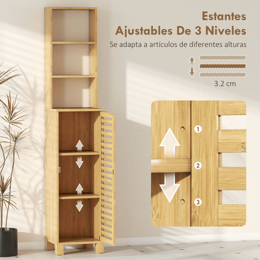 HOMCOM Coluna Casa de Banho de Bambu Armário Alto e Estreito para Casa de Banho com 3 Prateleiras Abertas Portas de Ripas Prateleiras Ajustáveis 34x30x170 cm Madeira