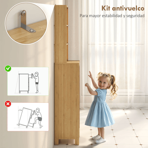 HOMCOM Coluna Casa de Banho de Bambu Armário Alto e Estreito para Casa de Banho com 3 Prateleiras Abertas Portas de Ripas Prateleiras Ajustáveis 34x30x170 cm Madeira