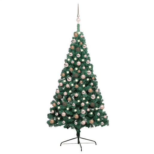 Meia árvore Natal artificial pré-iluminada c bolas verde
