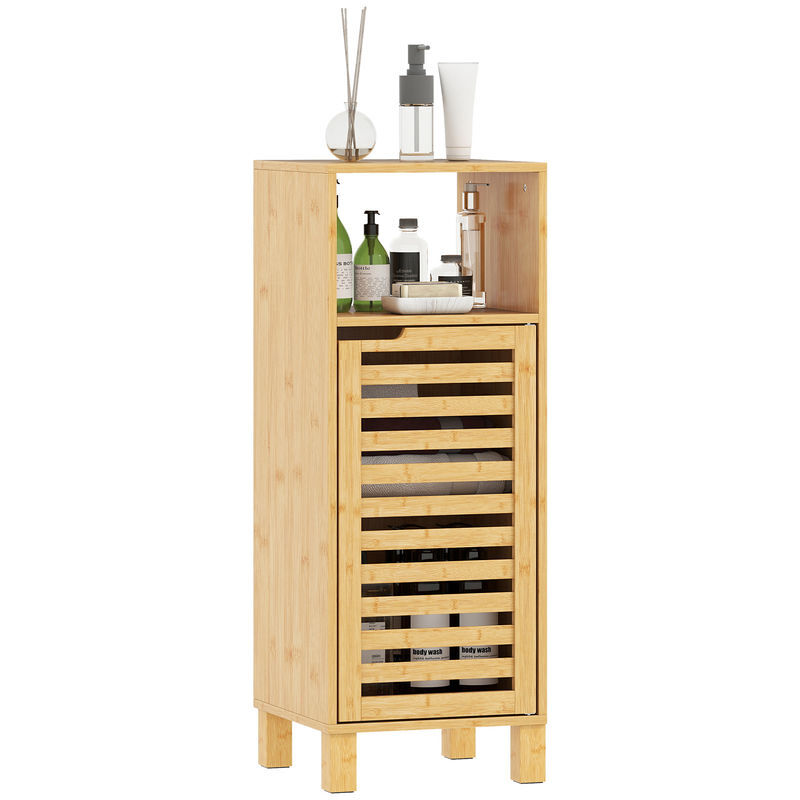 Homcom armario de baño de bambú, columna de baño estrecha con estante abierto, puerta de lamas, estante ajustable, 30x30x80 cm, natural