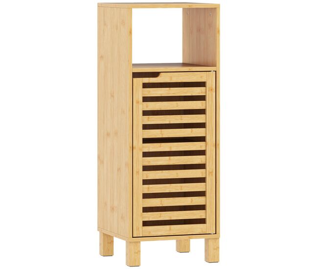 Homcom armario de baño de bambú, columna de baño estrecha con estante abierto, puerta de lamas, estante ajustable, 30x30x80 cm, natural
