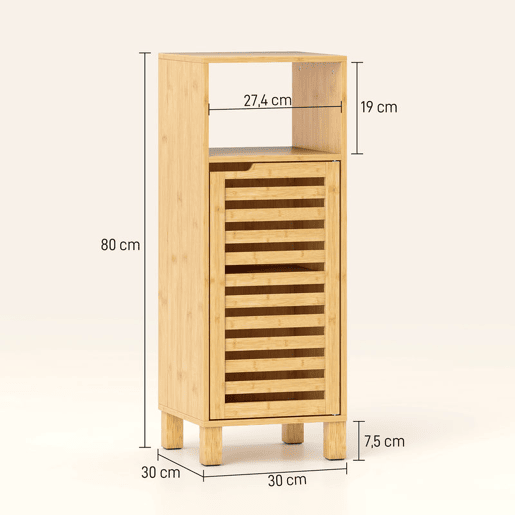 HOMCOM Armário de Casa de Banho Estreito Móvel Auxiliar de Casa de Banho com Porta de Ripas Prateleira Aberta Prateleira Ajustável para Espaços Pequenos 60x30x108 cm Madeira