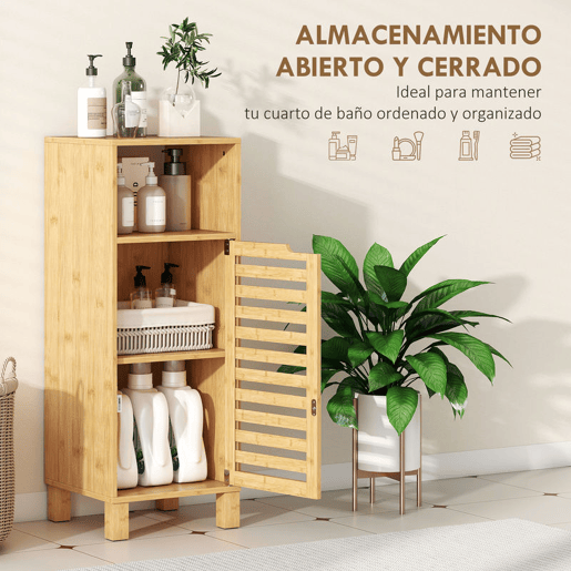 HOMCOM Armário de Casa de Banho Estreito Móvel Auxiliar de Casa de Banho com Porta de Ripas Prateleira Aberta Prateleira Ajustável para Espaços Pequenos 60x30x108 cm Madeira