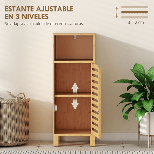 HOMCOM Armário de Casa de Banho Estreito Móvel Auxiliar de Casa de Banho com Porta de Ripas Prateleira Aberta Prateleira Ajustável para Espaços Pequenos 60x30x108 cm Madeira