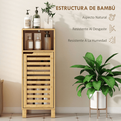 HOMCOM Armário de Casa de Banho Estreito Móvel Auxiliar de Casa de Banho com Porta de Ripas Prateleira Aberta Prateleira Ajustável para Espaços Pequenos 60x30x108 cm Madeira
