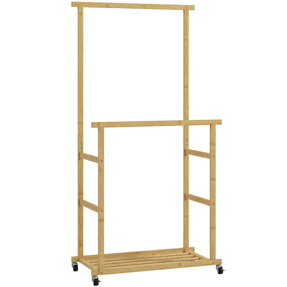 Homcom burro ropa, perchero colgador de ropa de bambú con ruedas, con zapatero, 2 barras para colgar, para entrada, pasillo, dormitorio, 80x40x160 cm, natural