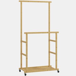 HOMCOM Charriot com Rodas de Bambu Charriot de Roupa com Sapateira 2 Barras para Pendurar para Entrada Corredor Quarto 80x40x160 cm Madeira