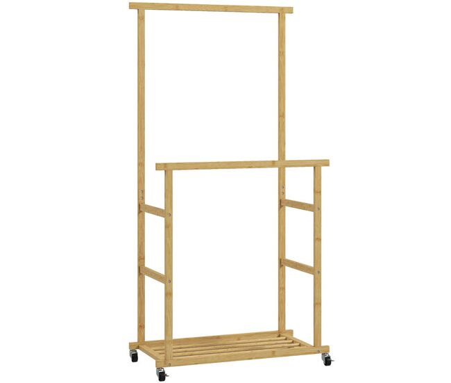 Homcom burro ropa, perchero colgador de ropa de bambú con ruedas, con zapatero, 2 barras para colgar, para entrada, pasillo, dormitorio, 80x40x160 cm, natural