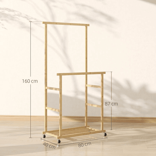 HOMCOM Charriot com Rodas de Bambu Charriot de Roupa com Sapateira 2 Barras para Pendurar para Entrada Corredor Quarto 80x40x160 cm Madeira