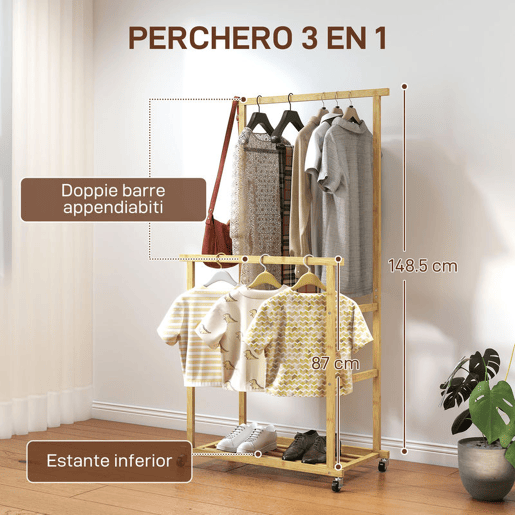 HOMCOM Charriot com Rodas de Bambu Charriot de Roupa com Sapateira 2 Barras para Pendurar para Entrada Corredor Quarto 80x40x160 cm Madeira