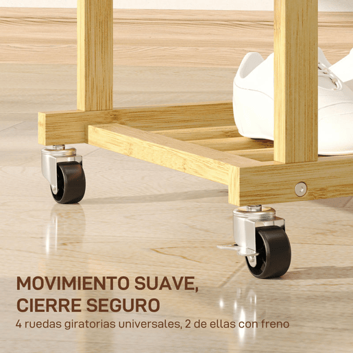 HOMCOM Charriot com Rodas de Bambu Charriot de Roupa com Sapateira 2 Barras para Pendurar para Entrada Corredor Quarto 80x40x160 cm Madeira