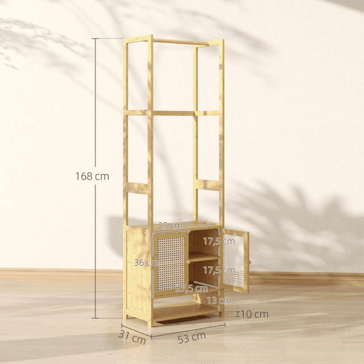 HOMCOM Móvel Cabide de Entrada Cabide para Roupas de Bambu com Sapateira Barra para Pendurar Prateleira Ajustável para Entrada Corredor Quarto 53x31x168 cm Madeira
